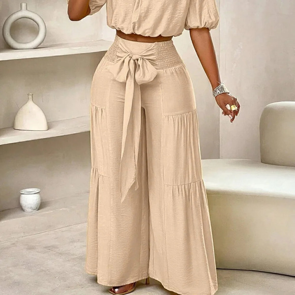 Khaki Casual Women's Beach One-Shoulder Puff-Sleeved Crop Top & Wide Leg Pants - Picture 4 of 7